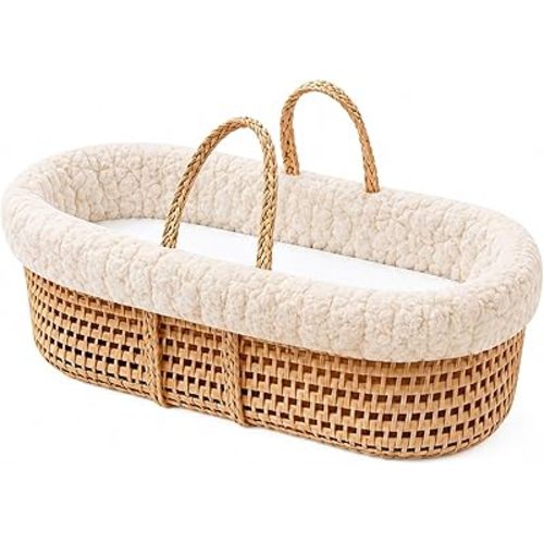 Ababy Cuddles & Kisses Moses Basket with Mattress, Sherpa Fabric Liner & Polycotton Fitted Sheet – Portable Wicker Bed for Newborns, Soft & Breathable Nursery Sleep Space - Beige Sherpa Liner