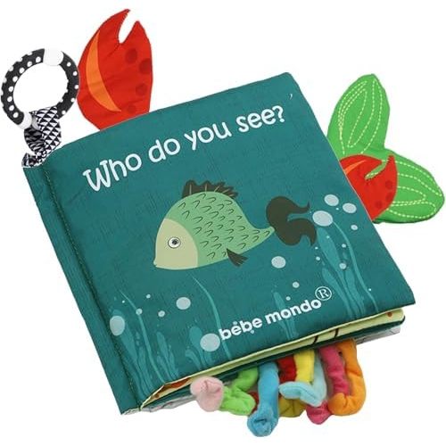 Fish Baby Book, Crinkle Books for Babies, Touch & Feel Soft Books, Infant Baby Toys 0-3 0-6 6-12 Months, Sensory Mirror Toy,Teether Ring, Baby Shower, Baby Basket Stuffers,Gifts for Boys Girls -Green