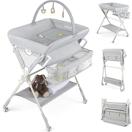 BABY JOY Portable Baby Changing Table, Foldable Diaper Changing Station with Wheels, Adjustable Height, Large Storage Rack, Removable Activity Arch, Mobile Nursery Organizer for Newborn Infant (Gray)