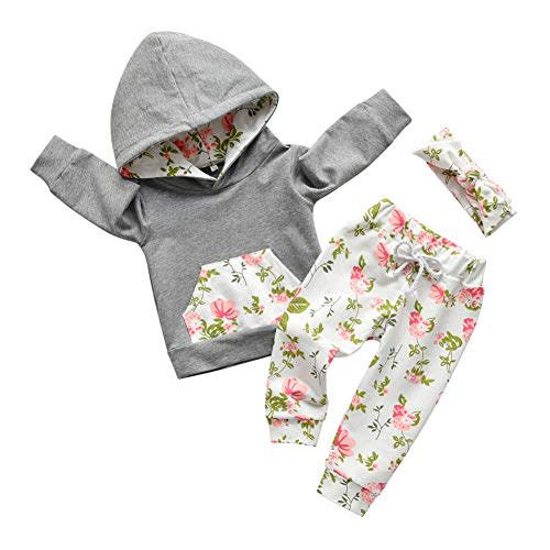 Eghunooy Baby Girl Clothes Long Sleeve Floral Hoodie Sweatshirt Pants with Pocket Headband Outfit Sets