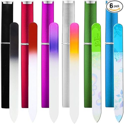 6 Pack Glass Nail File with Case, Crystal Fingernail Files Set, Double Sided Finger Nail Files, Professional Manicure Nail Care for Women