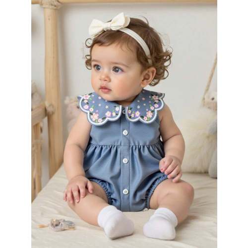 SHEIN Playful Pals Baby Girls' Casual Everyday Ruffle Collar Embroidered Floral Sleeveless Romper, Versatile For Outings And Home Wear | SHEIN USA