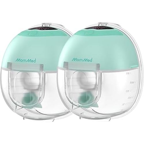 MomMed S33 Wearable Breast Pump – Double Hands-Free Electric Breast Pump with 4 Modes, 9 Suction Levels, Night Light, Portable Quiet & Rechargeable, 17/19/21mm Flange Inserts (Green, 2 Pack)