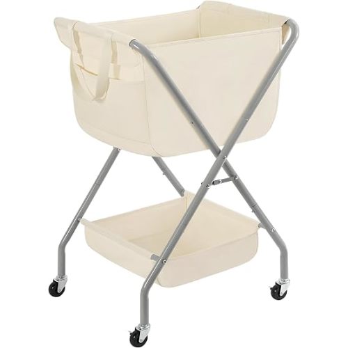 STORAGE MANIAC Collapsible Laundry Cart with Wheels 35.6"H Removable Canvas Bag Rolling Laundry Hamper Clothes Basket with Wheels, Sturdy Steel Frame Folding for Small Narrow Space Easy Storage, Beige