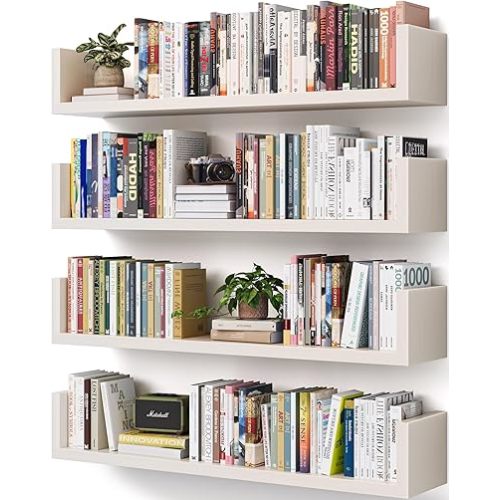 Wall Bookshelf, Set of 4, U Shaped Floating Bookshelf, Hanging Bookshelves for Wall, Wall Mounted Shelves for Living Room Bedroom Office (White, 23.6 Inches, 4)