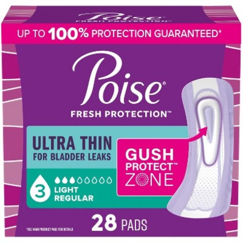 Poise Ultra Thin Incontinence Pads for Women - Light Absorbency - 3 Drop - Regular - 28ct