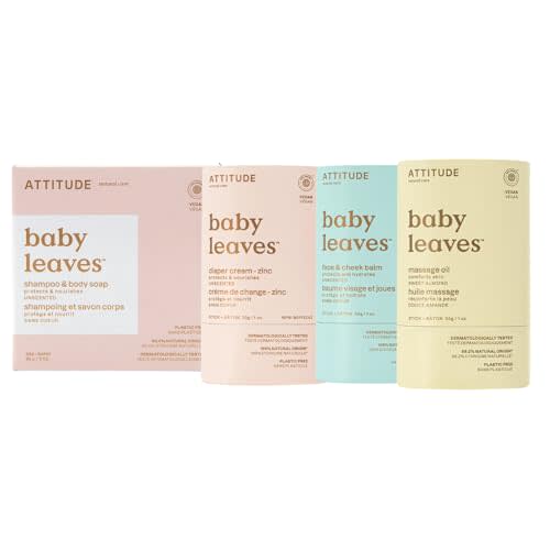 ATTITUDE Plastic-Free Baby Care 4-Bar Bundle, Diaper Cream, Face Balm, Massage Oil & Shampoo, EWG Verified, Vegan, Dermatologically Tested