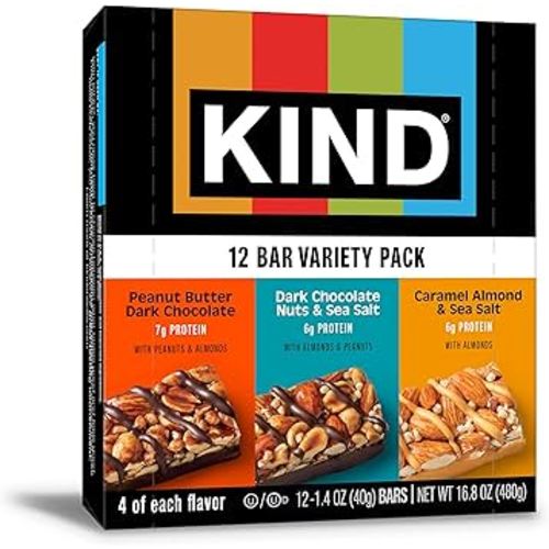 KIND Nut Bars, Variety Pack, Dark Chocolate Nuts & Sea Salt, Peanut Butter Dark Chocolate, and Caramel Almond Sea Salt, Gluten Free, Low Sugar, 5-7g Protein, 12 Count