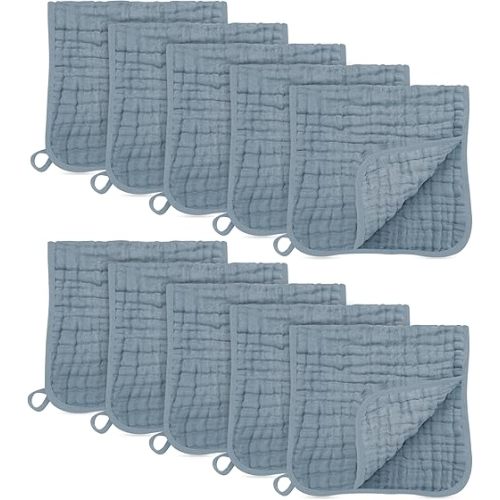 HIPHOP PANDA Muslin Burp Cloths, 10 Pack - Large 20" X10" - Ultra Absorbent and Soft 100% Cotton Baby Essentials Drool Rags and Messes for Newborn - ​Colorful Designs for Boy Girl, Pacific Blue