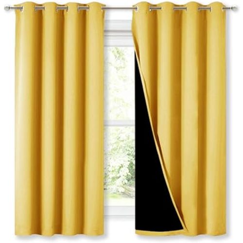 NICETOWN Blackout Lined Curtains for Kitchen Window, Totally Darkness Drapes with Silver Grommet, Thermal Insulated Drapes for Master Bedroom (Bright Yellow, 1 Pair, 52 Width x 63 Length Each Panel)