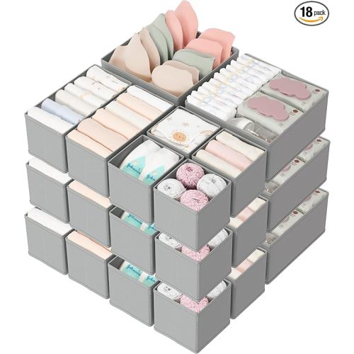 Criusia Drawer Organizers 18-Piece Set, Dresser Organizer for Baby Clothes, Foldable Closet Storage & Drawer Dividers for Underwear, Socks, Nursery (Gray)