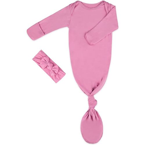Newborn Baby Knotted Gown, Super Soft Silky Infant Long Sleeve Sleeper for Baby Girl and Boy Sleeping Bag with Hat