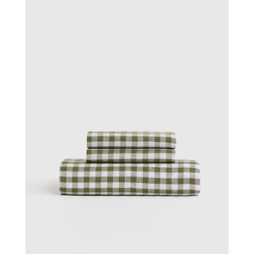 100% European Linen Fitted Sheet Set in Olive Gingham