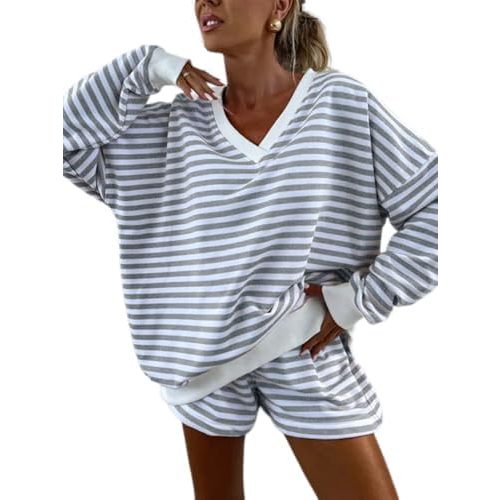 Melliflo Women 2 Piece Outfits Lounge Sets Striped Print Long Sleeve V Neck Sweatshirt and Shorts Set Sweatsuit
