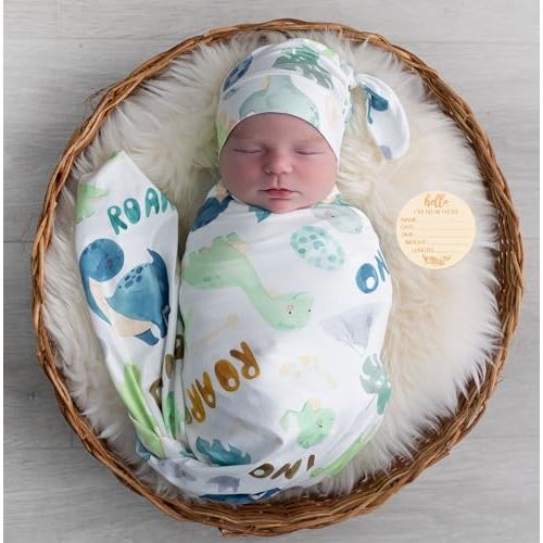 Newborn Swaddle Set, Green Dinosaur, Beanie and Headband | 31.4 x 31.4 in, for 0-3 months, swaddle and receiving blanket, beanie, headband, name card, Green Dinosaur