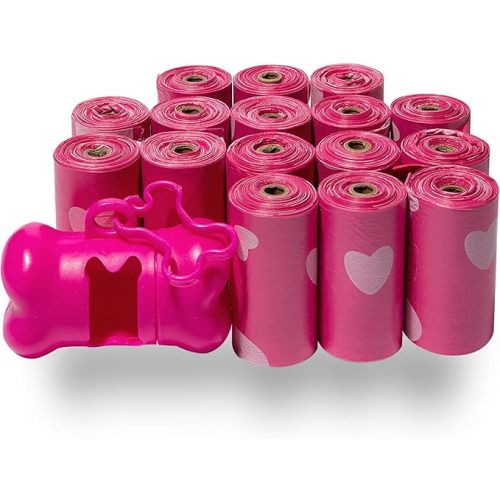 Best Pet Supplies Dog Poop Bags (240 Bags) for Waste Refuse Cleanup, Doggy Roll Replacements for Outdoor Puppy Walking and Travel, Leak Proof and Tear Resistant, Thick Plastic - Pink Heart