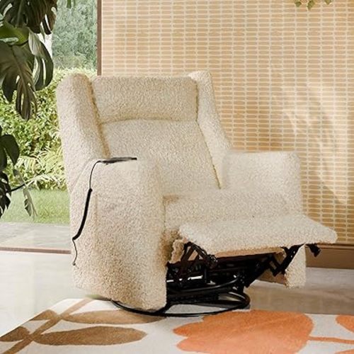 Babyletto Kiwi Deluxe Power Recliner and Swivel Glider with Heat and Massage in Performance Ivory Boucle, Water Repellent & Stain Resistant, Greenguard Gold, FSC and CertiPUR-US Certified