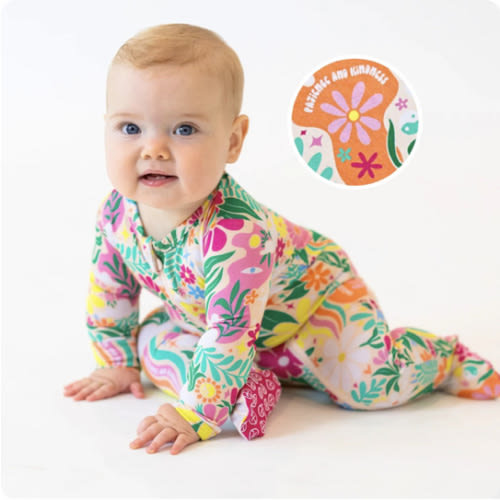 Bamboo Footie Zipper Baby Pajama - Retro Rainbow Floral Bamboo Onesie Sleeper - Patience & Kindness Affirmation – Raising Mama