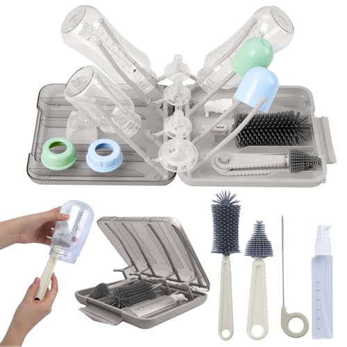 Mombasics Portable Baby Bottle Cleaning Kit – 6-in-1 Travel Bottle Brush Set with Drying Rack, Nipple Brush, Straw Brush, Soap Dispenser & Storage Box – Essential Baby Bottle Cleaner for Home & Travel