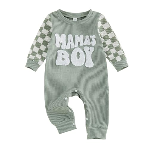 Newborn Baby Boy Fall Winter Clothes Mamas Boy Embroidery Jumpsuit Waffle Round Neck Romper Onesie 3 6 12 18 Months