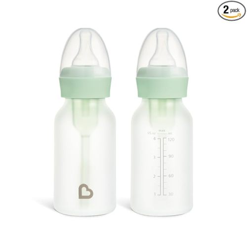 Munchkin Bond Silicone Coated Glass Baby Bottles - Anti-Colic Feeding System with Natural Feel Nipples, 4 Ounce, 2 Pack, Mint/Green