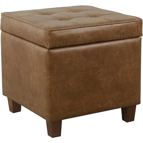 HomePop Square Tufted Storage Ottoman - Distressed Brown Faux Leather Small