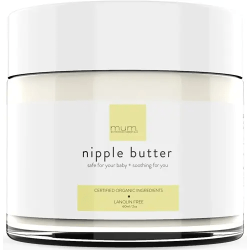 Mum. Motherhood Essentials® Organic Nipple Butter (2 oz), Lanolin Free, Doctor Recommended, USDA Organic + NON GMO , Safe nipple cream for breastfeeding, Pump lubricant, Breastfeeding essential