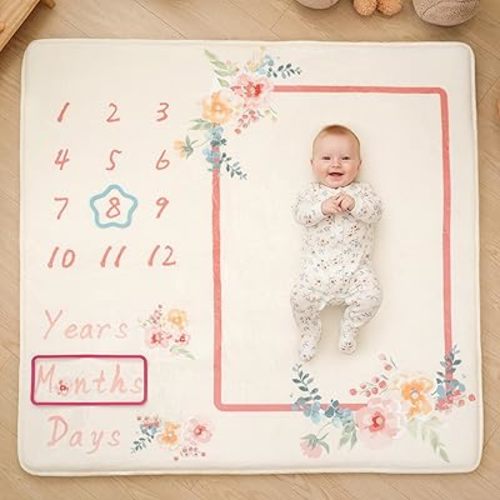 1.3" Thick Playmat for Floor, 50 x50 Monthly Milestone Mat, Padded Support Soft Plush Nursery Mats for Crawling Kick Activity, Flannel Photography Background Prop for Grils