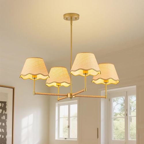 MAYNA Candelabro bohemio de granja de 29 pulgadas, lámpara de ratán de 4 luces con pantalla de mimbre, lámpara de comedor bohemia ajustable para isla de cocina, sala de estar, dormitorio