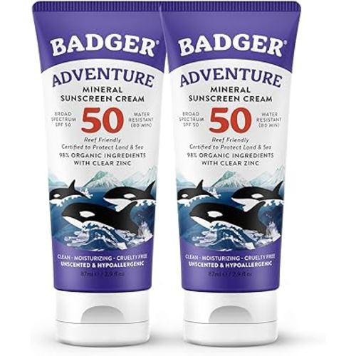 Badger Biodegradable Reef Safe Sunscreen, SPF 50 Unscented Zinc Oxide Sunscreen, 98% Organic Ingredients, Water Resistant Adventure Sport Sunblock, 2.9 fl oz, 2-Pack