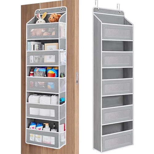 Over The Door Storage - 5 Shelf Behind Door Hanging Organizer with 5 Clear View Pockets, Secure Anti-Tilt System Holds 55lbs - Space Saving Organizer for Bedroom, Bathroom, Closet (Light gray)