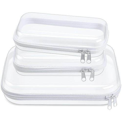 Hoolerry 3 Pcs Clear Hard Zipper Case Plastic Pouch Transparent Hard Case Clear Makeup Bag Portable Travel Organizer Bin for Cosmetics, Building Blocks, Puzzles(White,Mss)