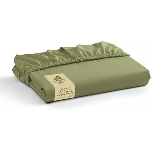 Linen Home Queen Size Fitted Sheet only 100% Cotton Percale, Oil Green