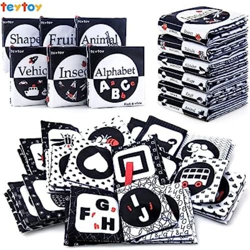 teytoy My First Soft Book, 6 PCS Nontoxic Fabric Baby Cloth Activity Crinkle Soft Black and White Books for Infants Boys and Girls Early Educational Toys Perfect for Baby Shower