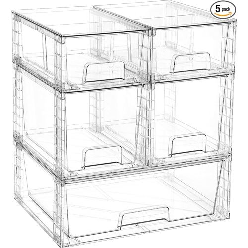 Vtopmart Clear Stackable Storage Drawers Set of 5, Easily Assemble Acrylic Bathroom Undersink Organizers,Plastic Storage Bins for Closet,Cabinet,Pantry,Medicine Organization