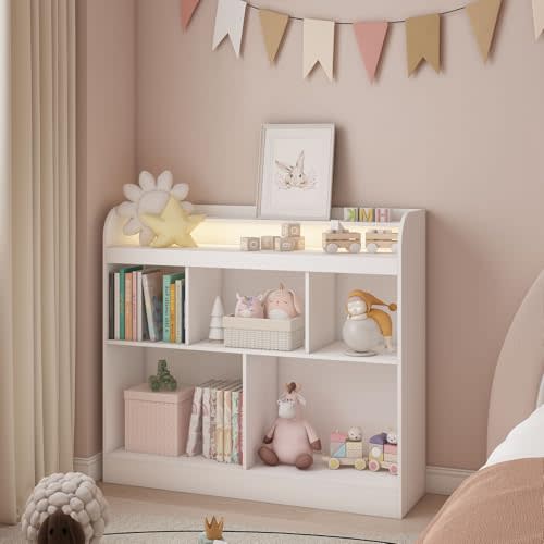 Lkeiyay Open Shelf Kids Bookcase,Montessori Toy Organizer with LED Lights - White Wooden Open Bookcase for Kids, Bedroom, Back to School,Playrooms & Nurseries