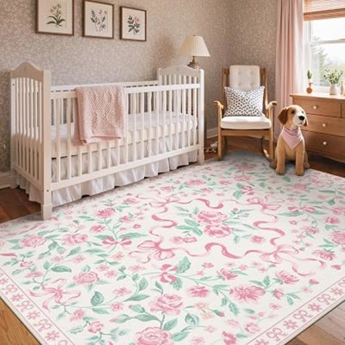 GENIMO 4x6 Pink Area Rug for Girls Bedroom, Washable Pastel Floral Bow Rug