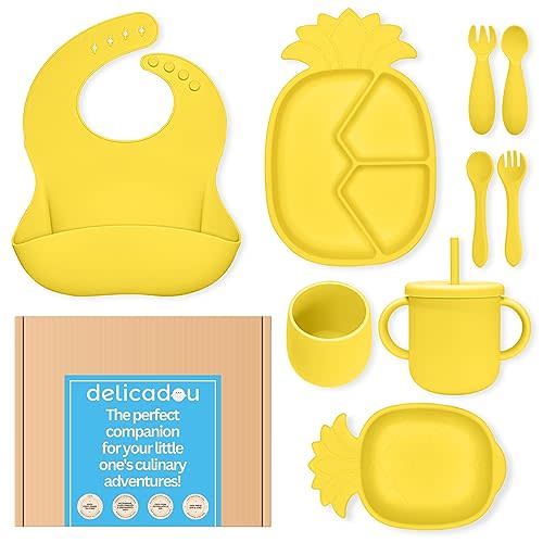 Silicone Baby Feeding Set. 9 Pieces Toddler Baby Dish Set. 6+ Months Pineapple Shape