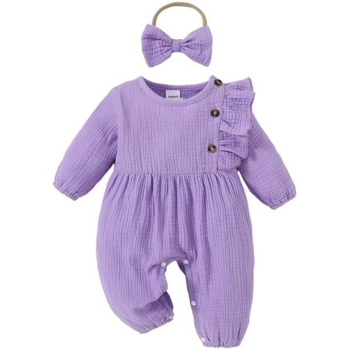 Newborn Baby Girls Smocked Romper Preemie Long Sleeve Going Home Outfit with Bow Headband
