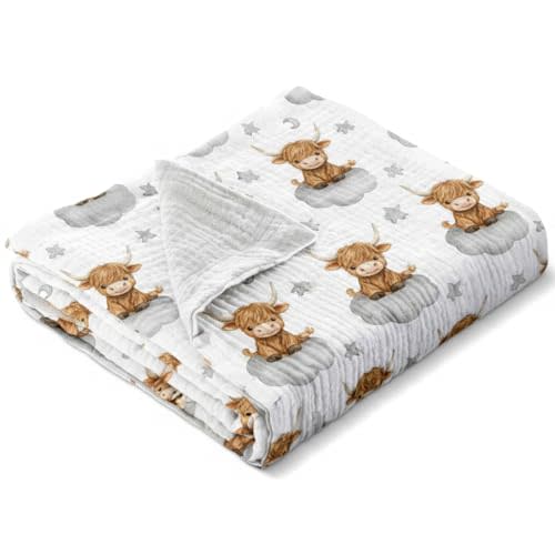 Breling White Highland Cow Muslin Baby Blanket for Girl Boy 40x36 Inch | 100% Cotton Breathable Swaddle Blanket, Machine Washable, Soft Lightweight, for Infant Toddler Nursery Crib