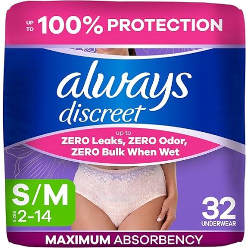 Always Discreet Adult Diapers for Women, Incontinence Underwear, Postpartum Essentials, Disposable Briefs, Max Absorbency, Bladder Leak Protection, Small/Medium, 32ct