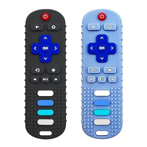 Baby Teething Toys, Food Grade Silicone Teether for Babies 3 6 12 18 Months, TV Remote Shape Toddlers Chew Toys, Freezer BPA Free (Black+Blue)