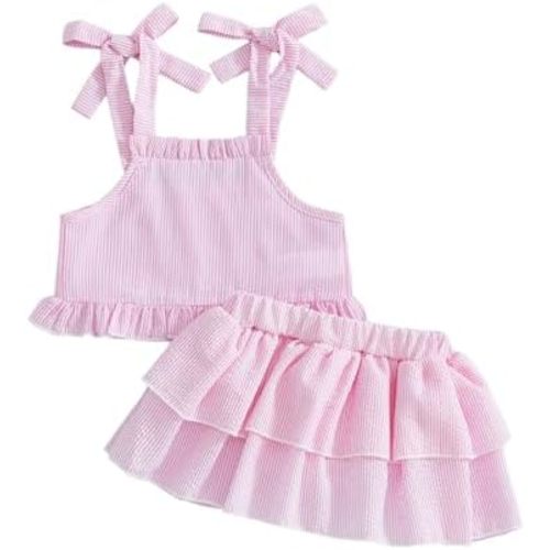 Toddler Girl Seersucker Stripe Summer Outfit Kid Infant Baby 2Pcs Swimsuit Tie Up Cami and Ruffle Skorts Set Beachwear