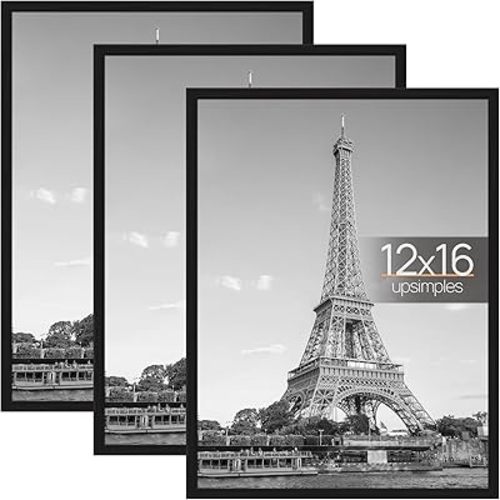 upsimples 12x16 Picture Frame Black 3 Pack, Scratch-Proof Poster Frames 12 x 16 for Photo Gallery - Slide-In Strips, Horizontal or Vertical Wall Mounting