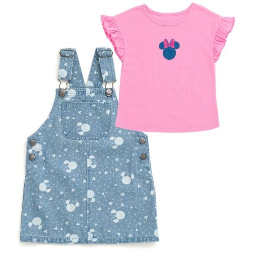 Disney Minnie Mouse Infant Baby Girls Vintage Wash Denim Overall Dress And T-shirt Outfit Set Pink / Blue 18 Months