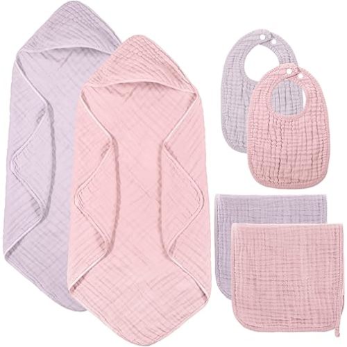 Hahafelt 6 Pcs Muslin Hooded Bath Towels Washcloths and Bibs Set, Muslin Cotton Baby Towels Absorbent Hooded Blanket Towel Infant Bibs for Boys Girls Newborn Infant Essential(Pink, Purple)