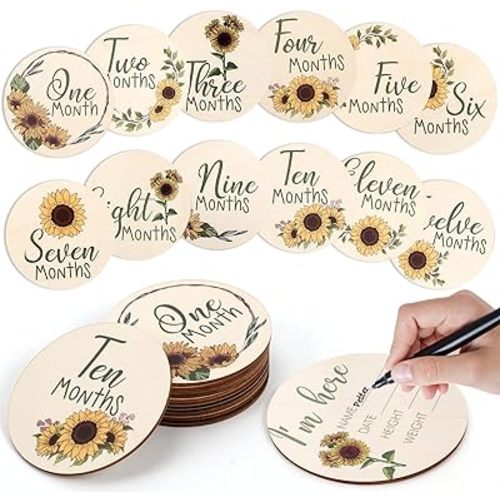 Milestone Wooden Circles,13 pcs Wooden Baby Monthly Milestone Cards with Baby Announcement Sign,Sunflower Single Sided Printed Milestone Discs incl. Announcement & Hello World Sign are A Great Gift