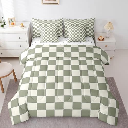 Erosebridal Plaid Full Comforter Set 7 Piece Beige Sage Green Checkerboard Bed in A Bag with Sheets Geometric Checkered Bedding Set for Kids Boys Girls,Aesthetic Grid Bed Set
