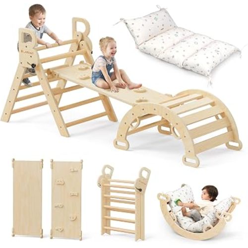 BlueWood Pikler Triangle Set with Cushion, 8-in-1 Climbing Toys for Toddlers, Montessori Philosophy Play Jungle Gym with Arch, Ramp, Ladder(Natural Wood)