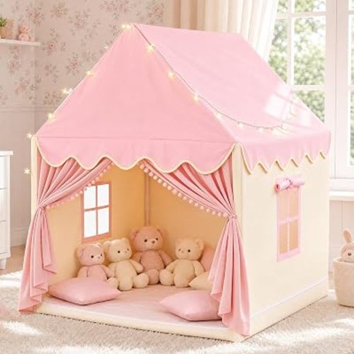Large Kids Play Tent with Mat & Star Lights, Pink Princess Tent for Girl